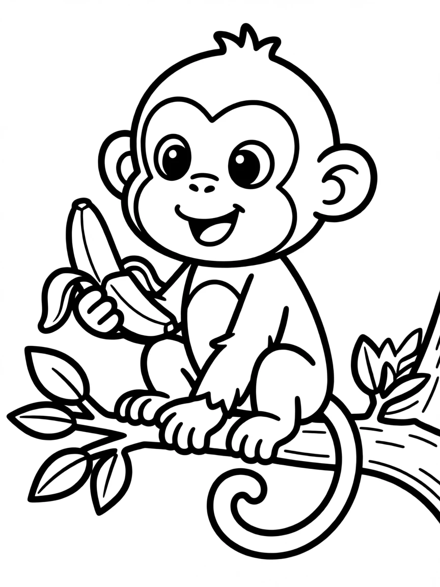 Cute cartoon monkey eating a banana coloring book page