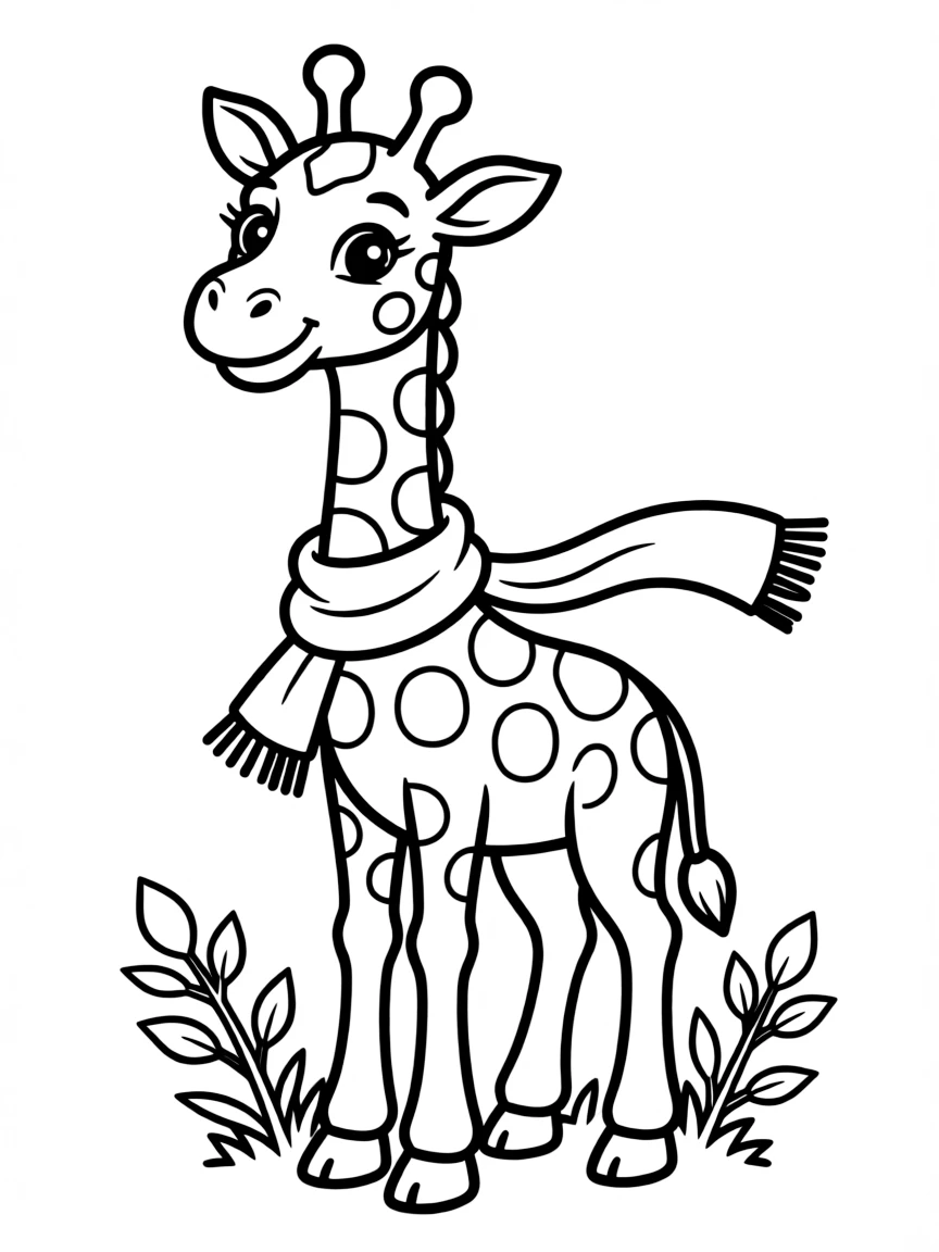 Cute cartoon giraffe wearing a scarf coloring book page