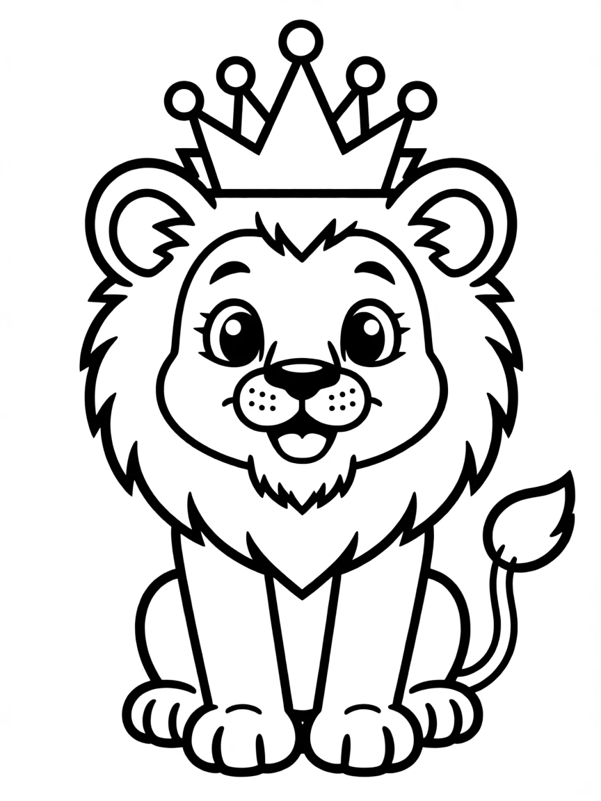 Cute cartoon lion cub wearing a crown coloring book page
