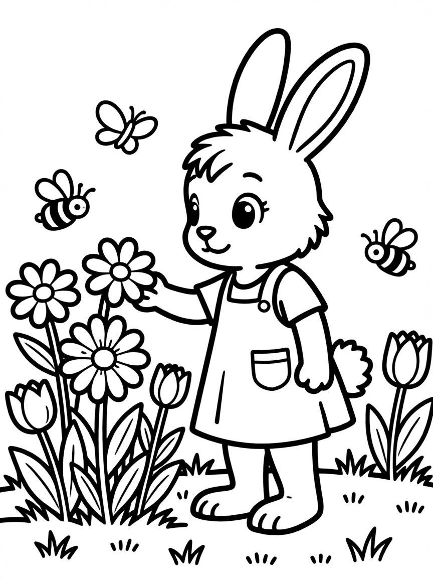 Cute cartoon bunny picking flowers coloring book page