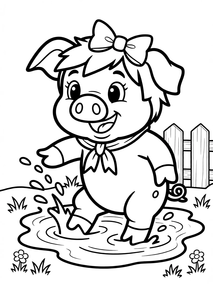 Cute cartoon pig playing in a mud puddle coloring book page