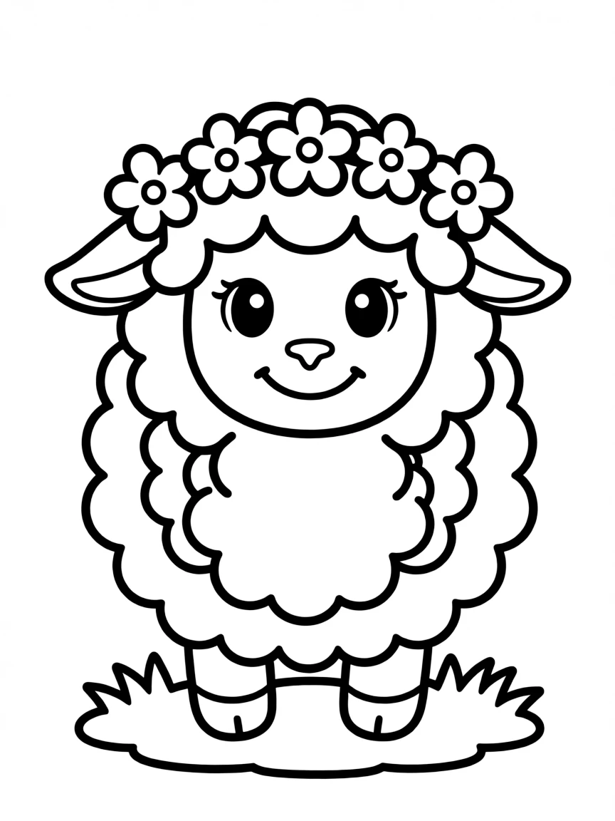 Cute cartoon sheep with a flower crown coloring book page