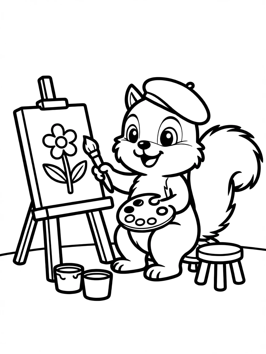 Cute cartoon squirrel painting a tiny masterpiece coloring book page