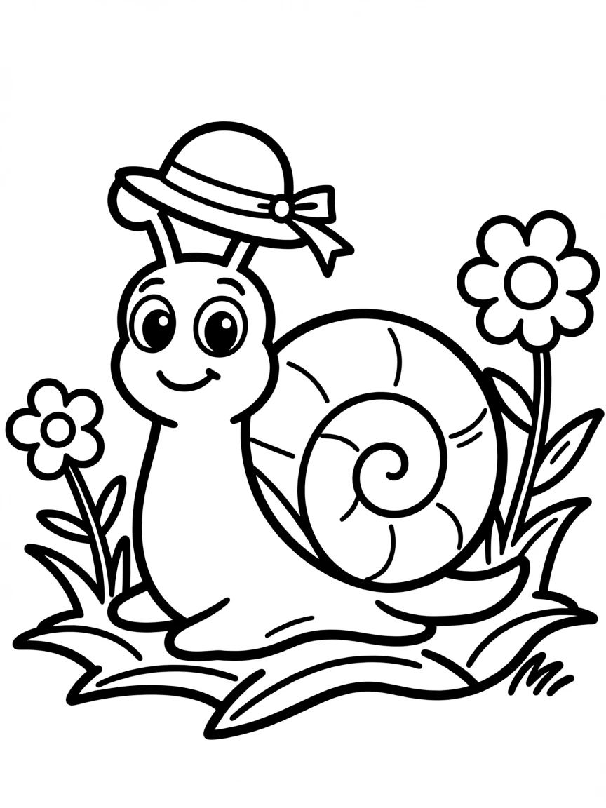 Cute cartoon snail with a tiny hat coloring book page
