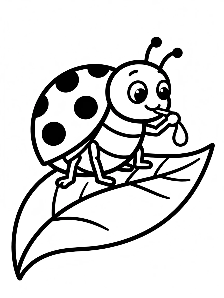 Cute cartoon ladybug drinking from a leaf coloring book page