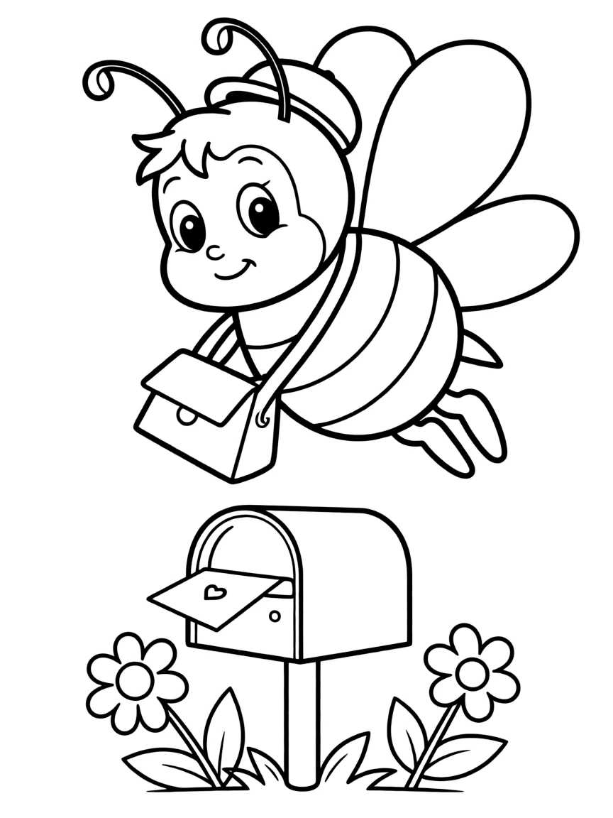Cute cartoon bee delivering mail coloring book page