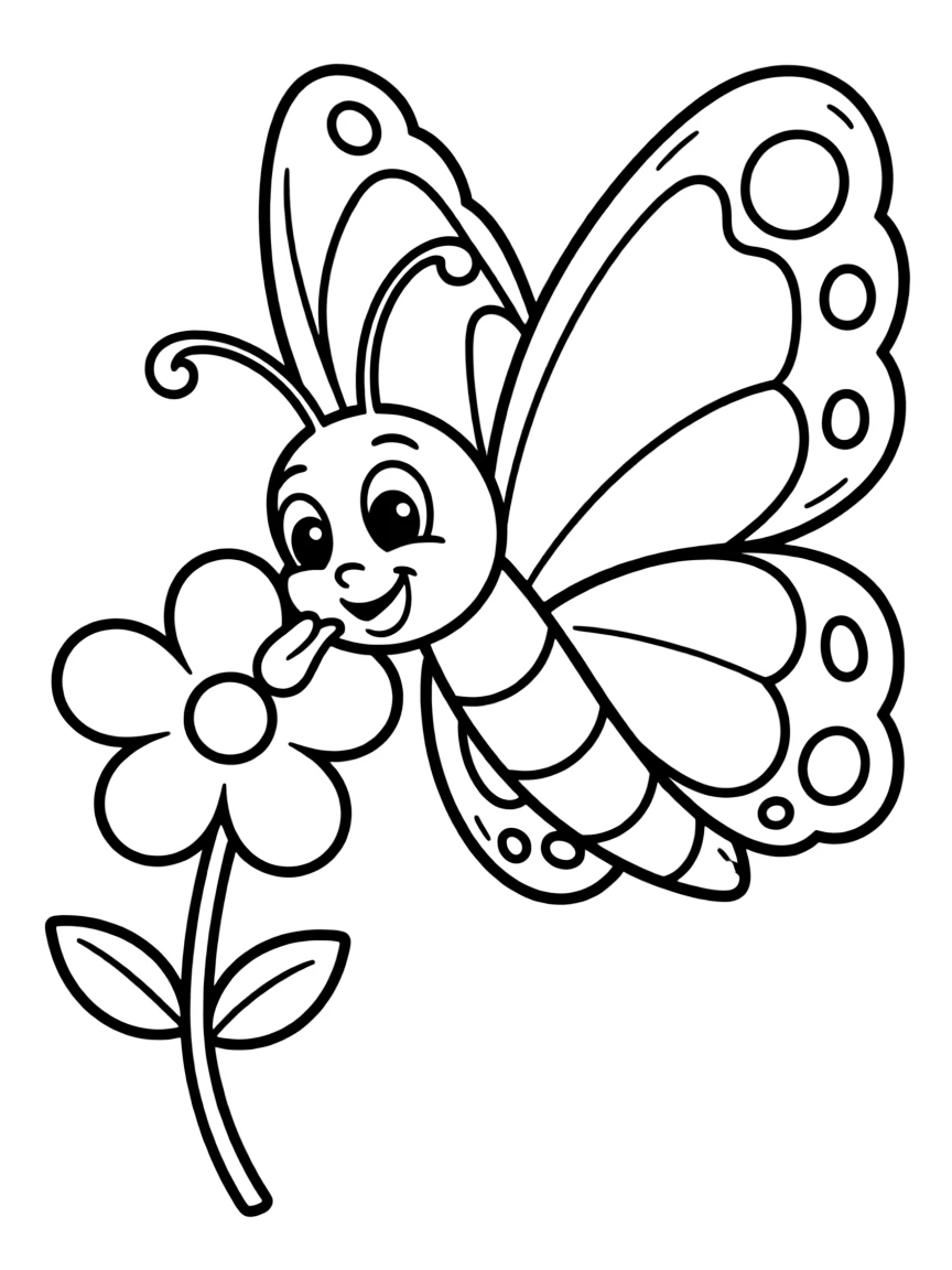 Cute cartoon butterfly sipping nectar coloring book page