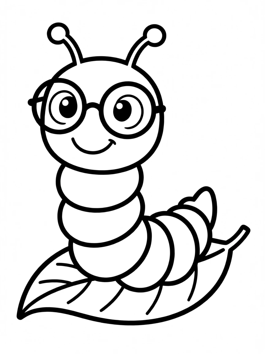 Cute cartoon caterpillar wearing glasses coloring book page