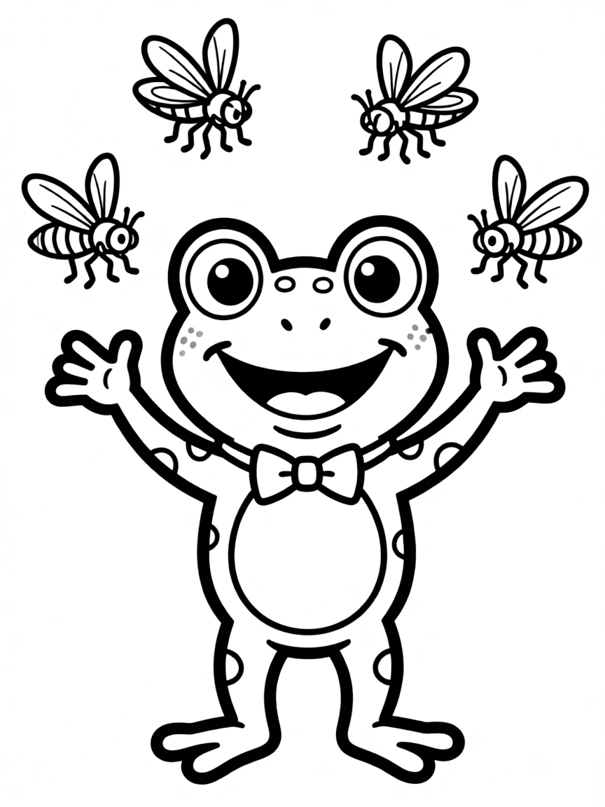 Cute cartoon frog juggling flies coloring book page