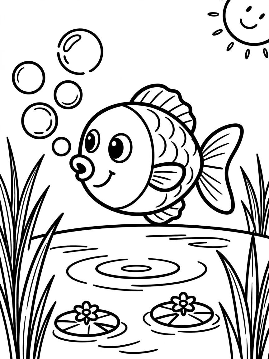 Cute cartoon fish blowing bubbles in a pond coloring book page