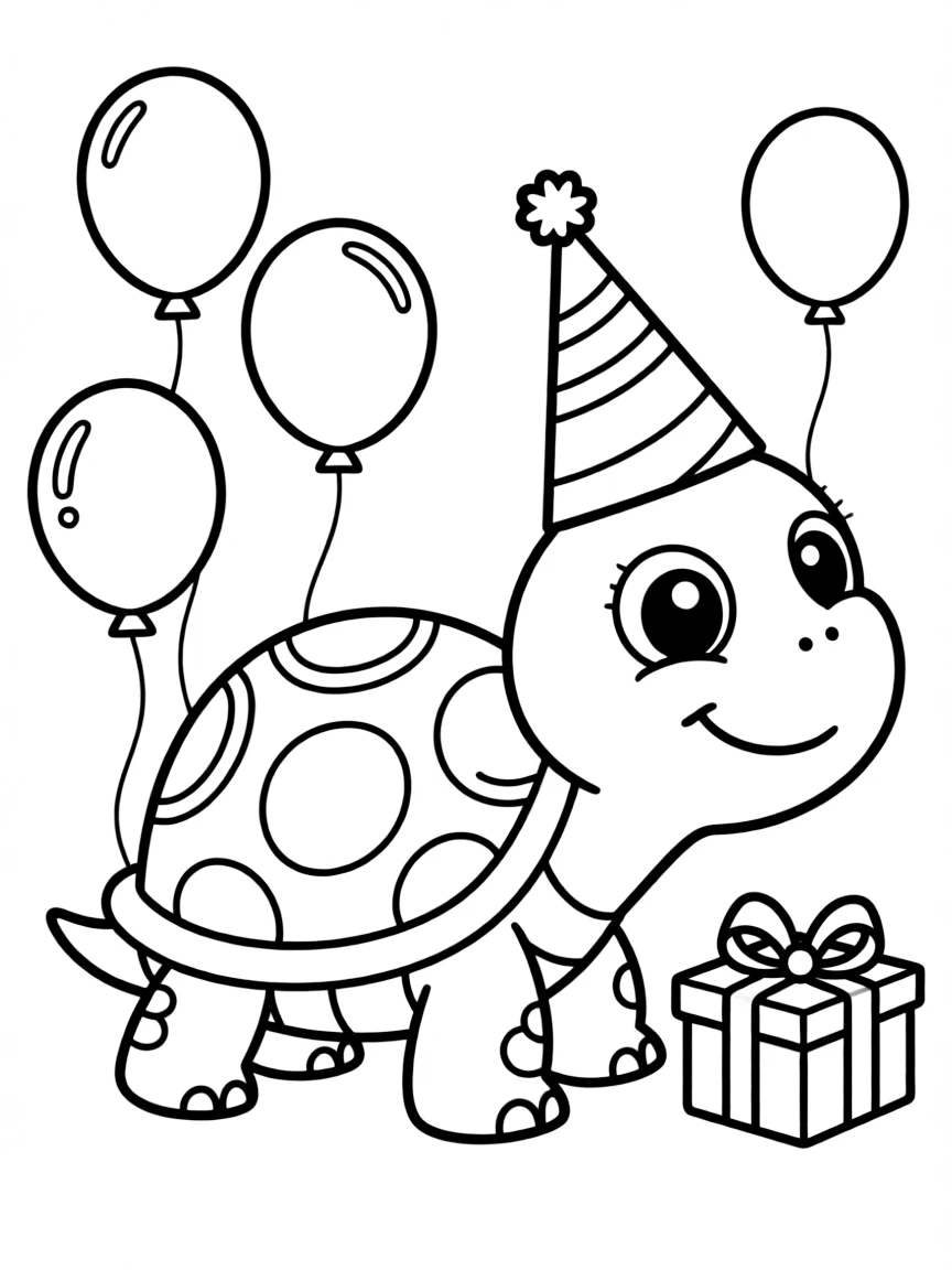 Cute cartoon turtle wearing a party hat coloring book page