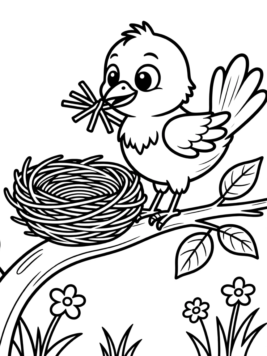 Cute cartoon bird building a nest coloring book page