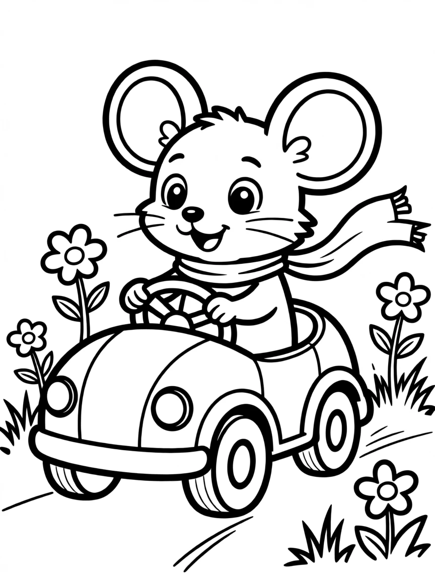 Cute cartoon mouse driving a tiny car coloring book page