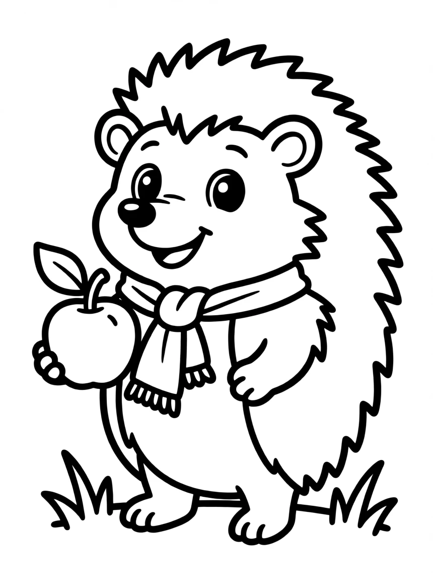 Cute cartoon hedgehog holding a tiny apple coloring book page