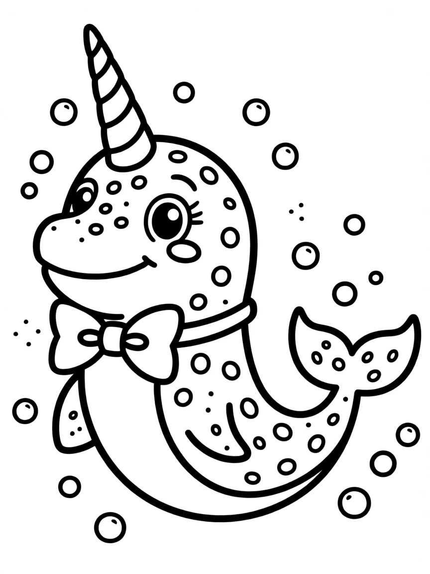 Cute cartoon narwhal wearing a bowtie coloring book page