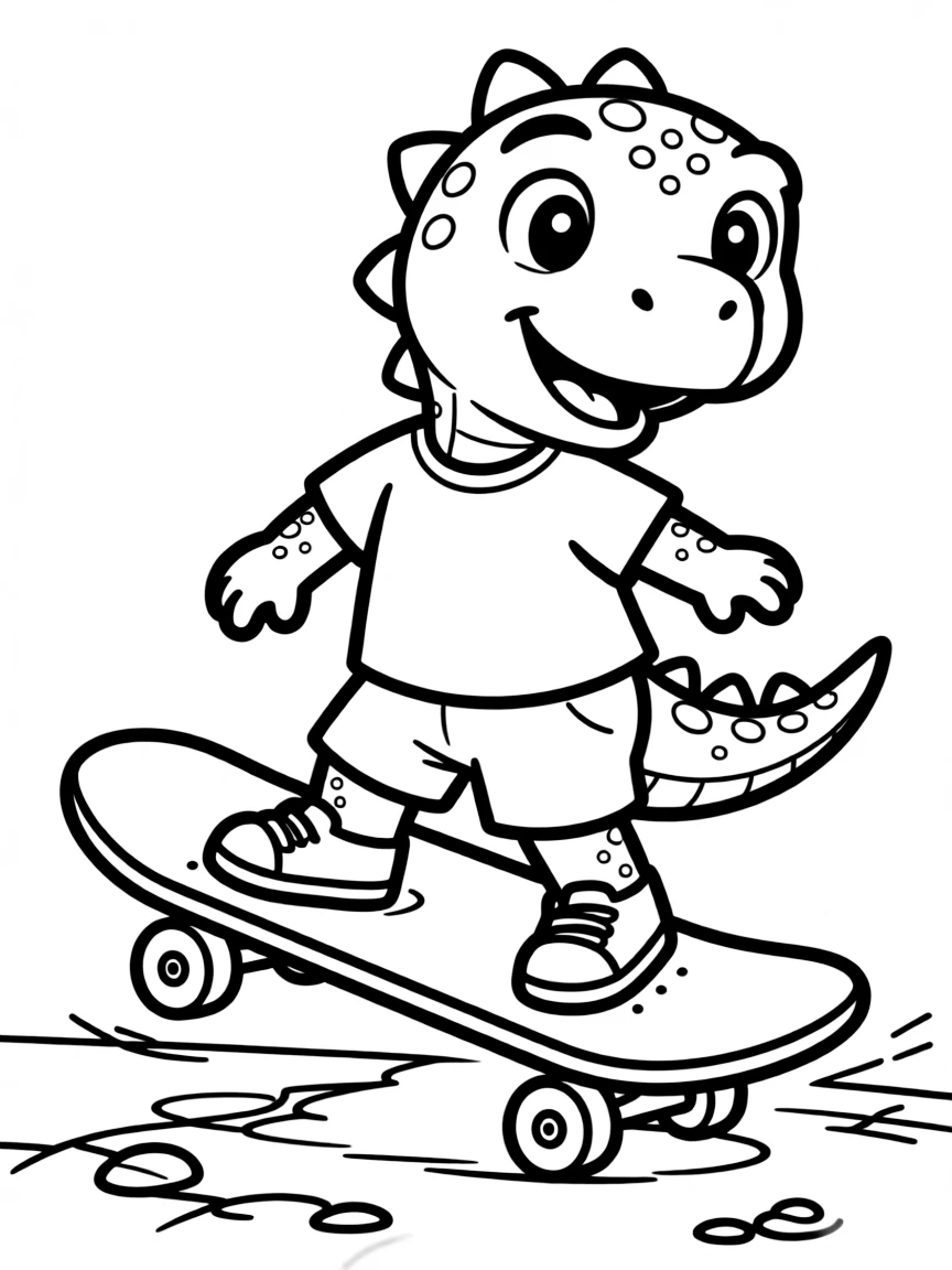 Cute cartoon dinosaur riding a skateboard coloring book page