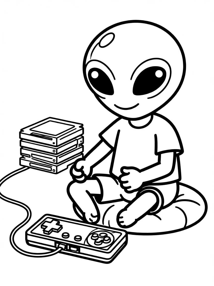 Cute cartoon alien playing a video game coloring book page