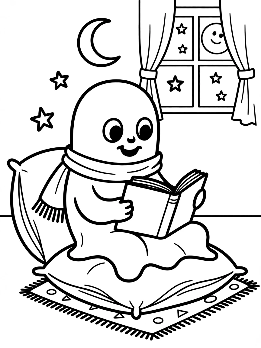 Cute cartoon ghost reading a bedtime story coloring book page
