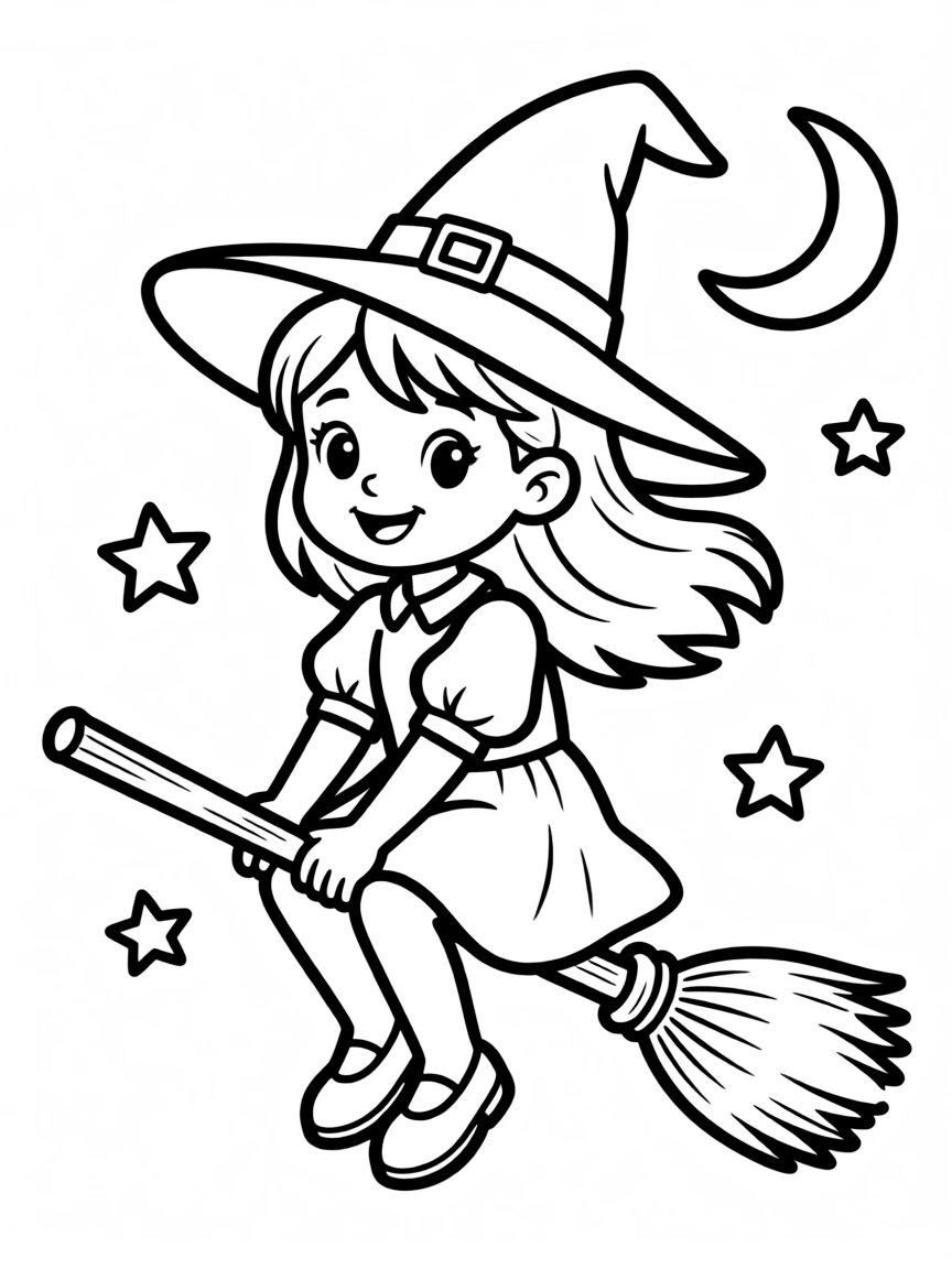 Cute cartoon witch flying on a broomstick coloring book page