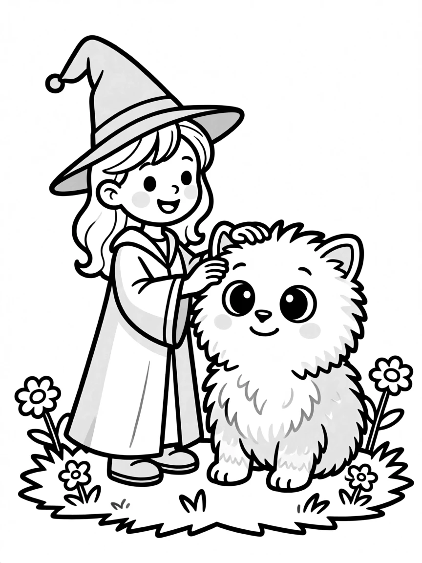 Cute cartoon wizard petting a fluffy monster coloring book page