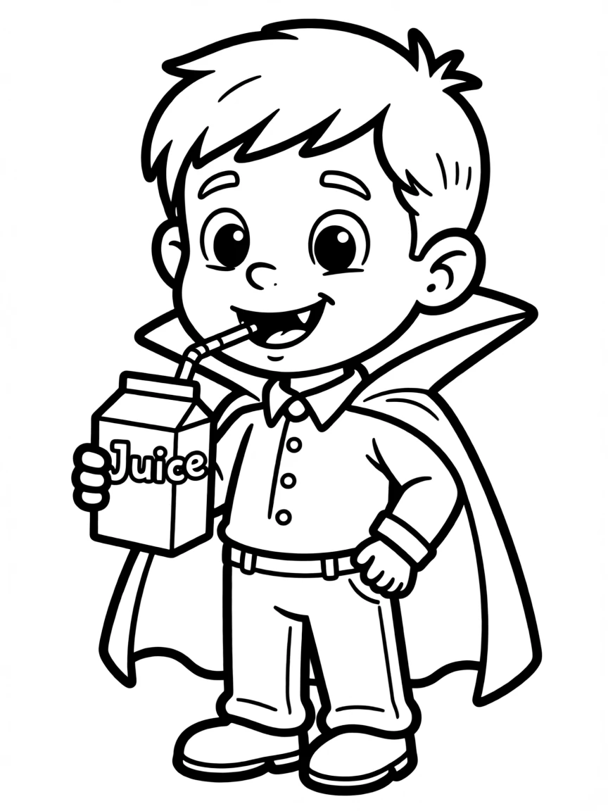 Cute cartoon vampire drinking juice box coloring book page