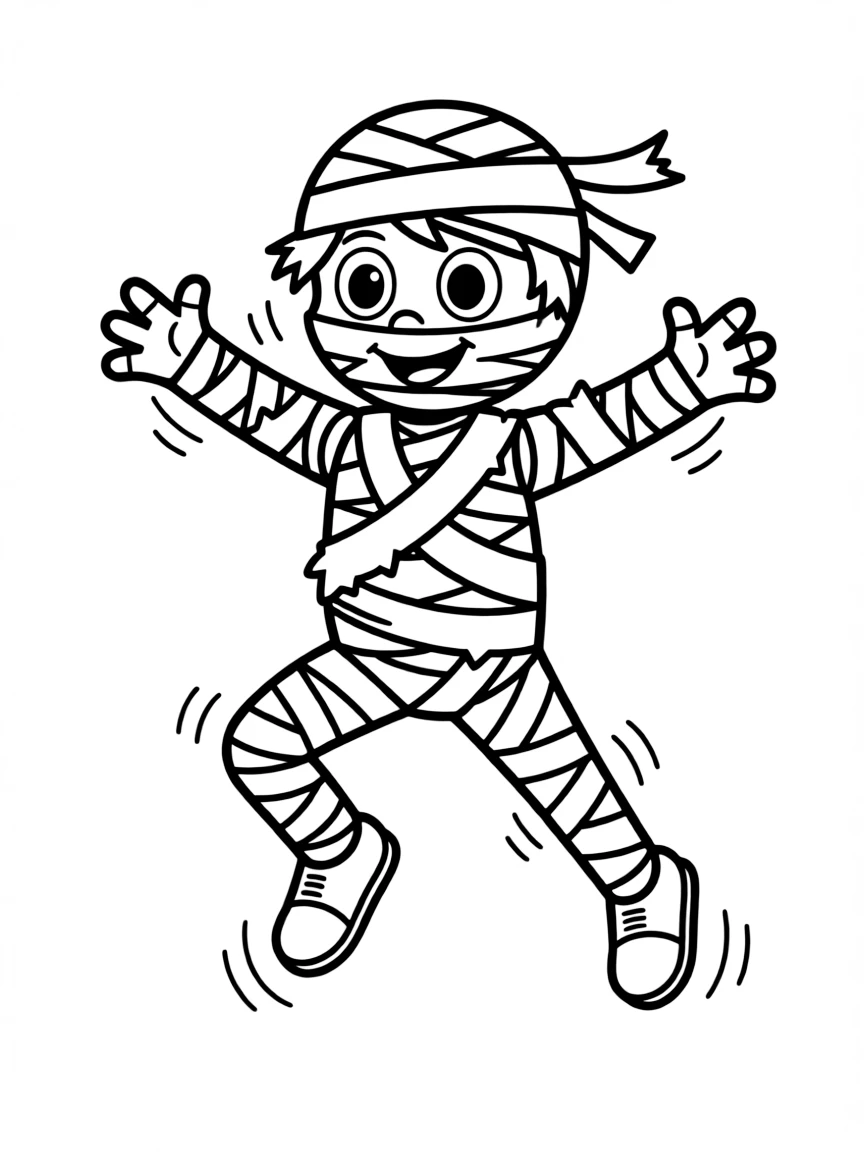 Cute cartoon mummy doing jumping jacks coloring book page