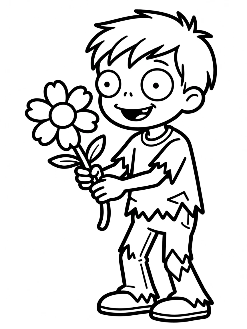 Cute cartoon zombie offering a flower coloring book page