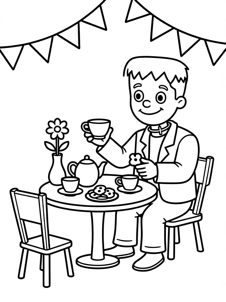 Cute cartoon Frankenstein's monster having a tea party coloring book page