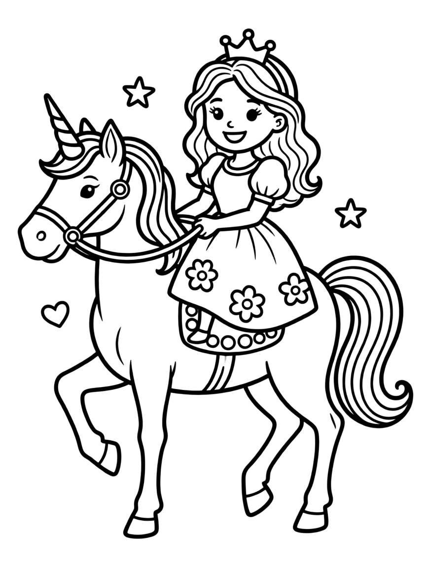 Cute cartoon princess riding a unicorn coloring book page