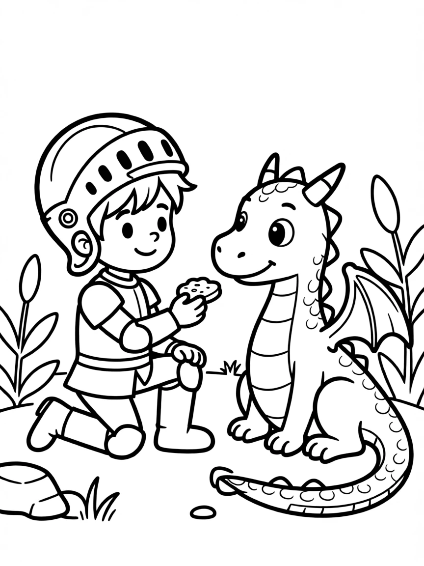 Cute cartoon knight sharing a snack with a dragon coloring book page