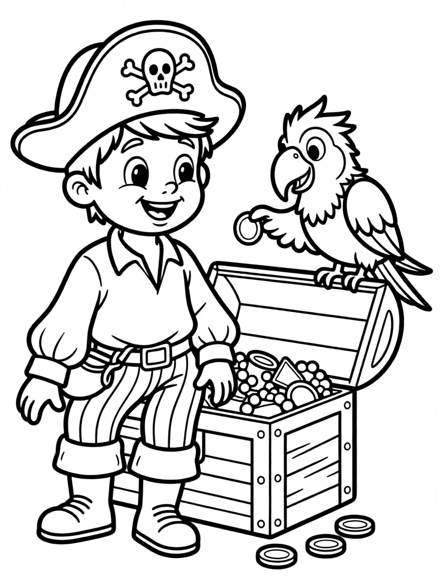 Cute cartoon pirate sharing treasure with a parrot coloring book page