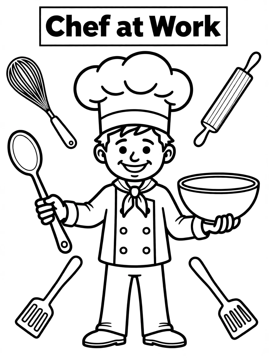 Cute cartoon chef wearing a tall hat coloring book page