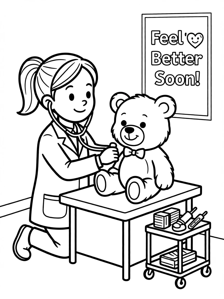 Cute cartoon doctor giving a teddy bear a check-up coloring book page