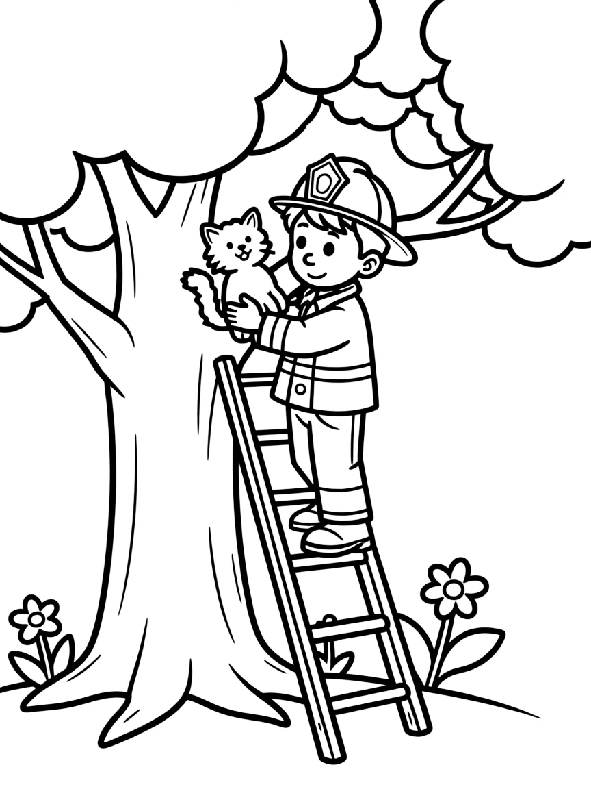 Cute cartoon firefighter rescuing a cat from a tree coloring book page