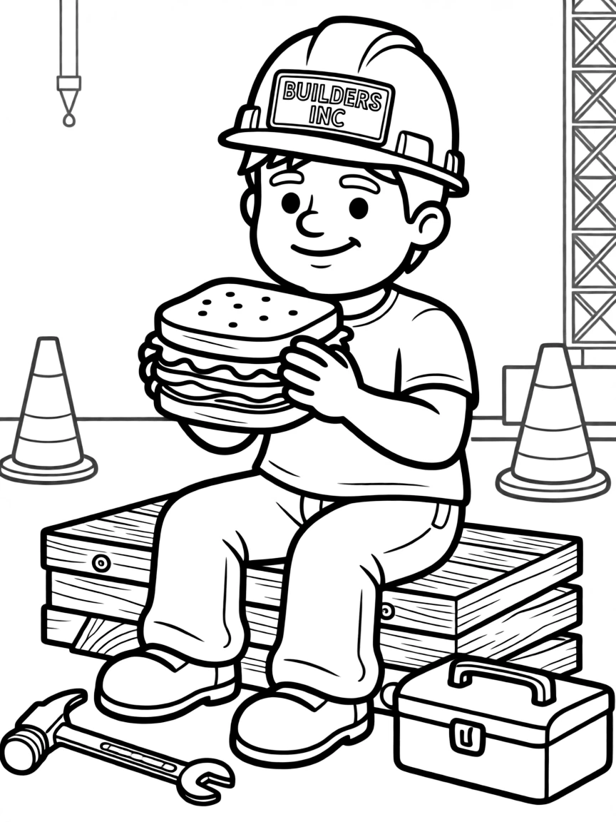 Cute cartoon construction worker eating a sandwich coloring book page