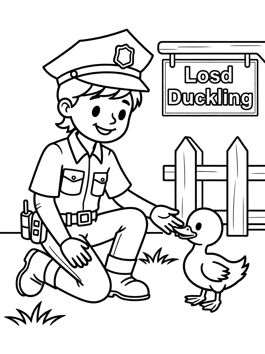 Cute cartoon police officer helping a lost duckling coloring book page
