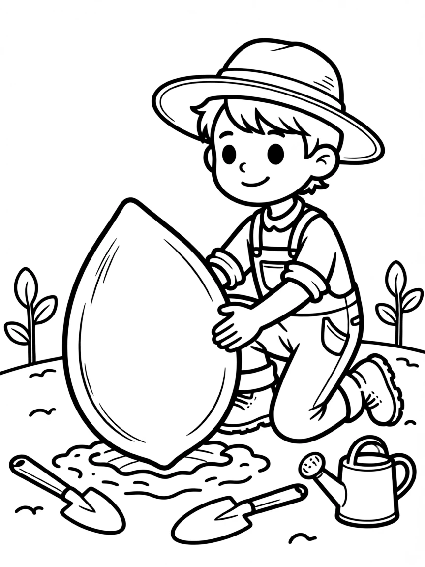 Cute cartoon gardener planting a giant seed coloring book page