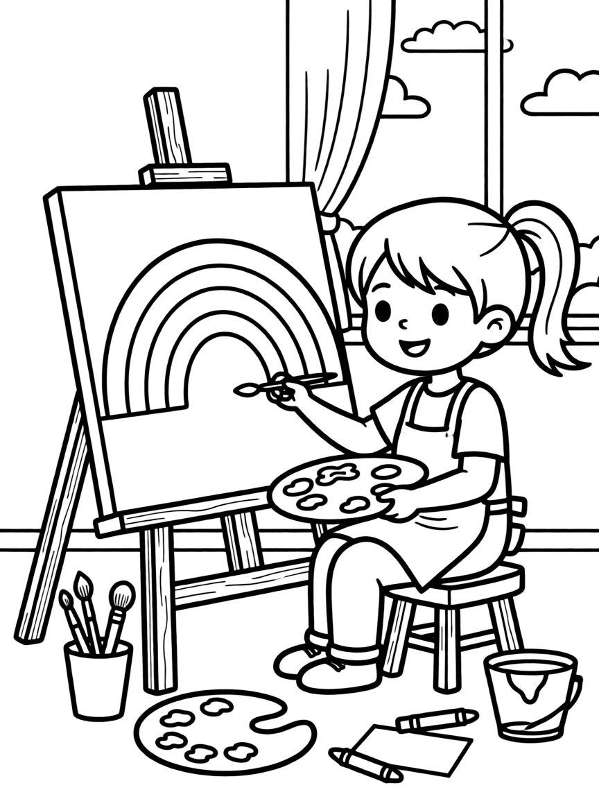 Cute cartoon artist painting a rainbow coloring book page