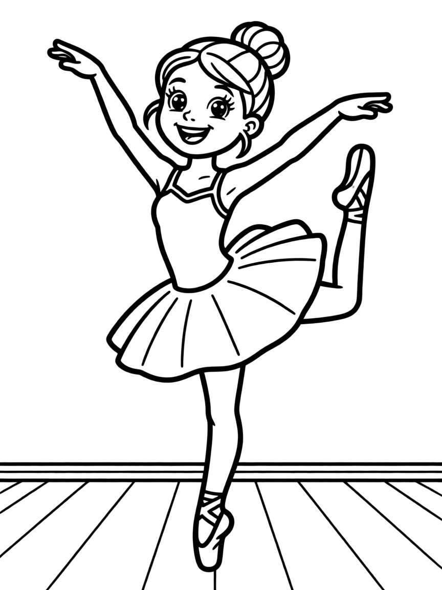 Cute cartoon dancer doing a pirouette coloring book page