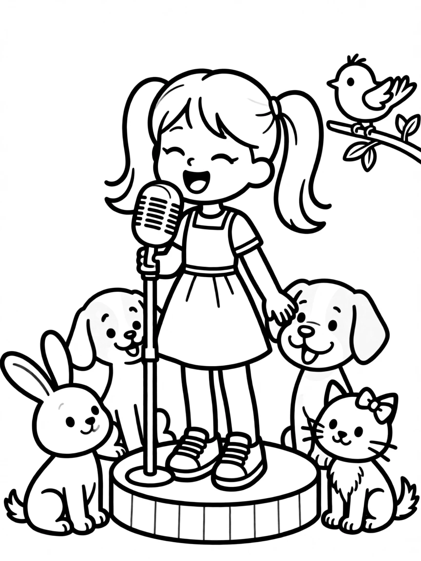Cute cartoon singer performing for animals coloring book page