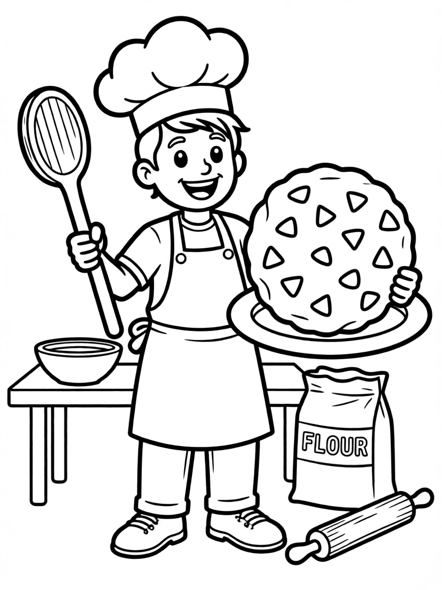 Cute cartoon baker making a giant cookie coloring book page
