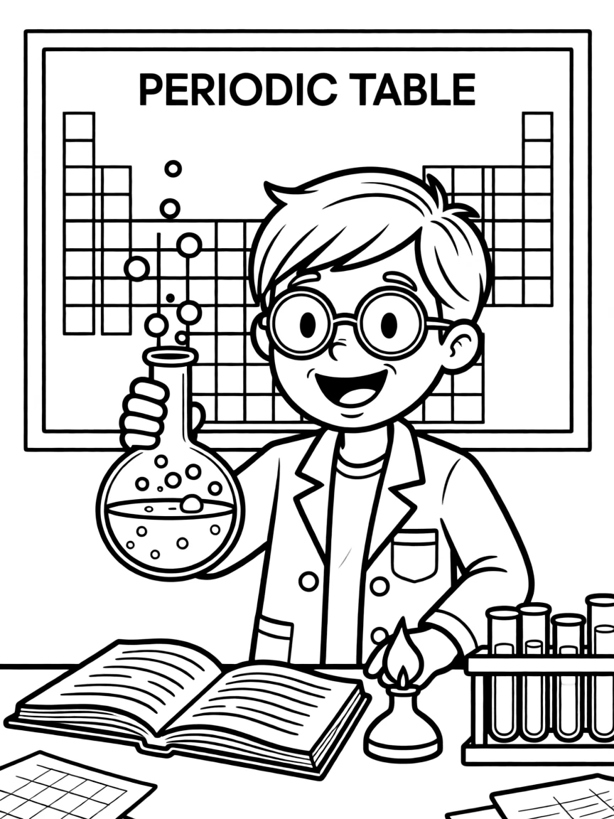 Cute cartoon scientist discovering a new element coloring book page