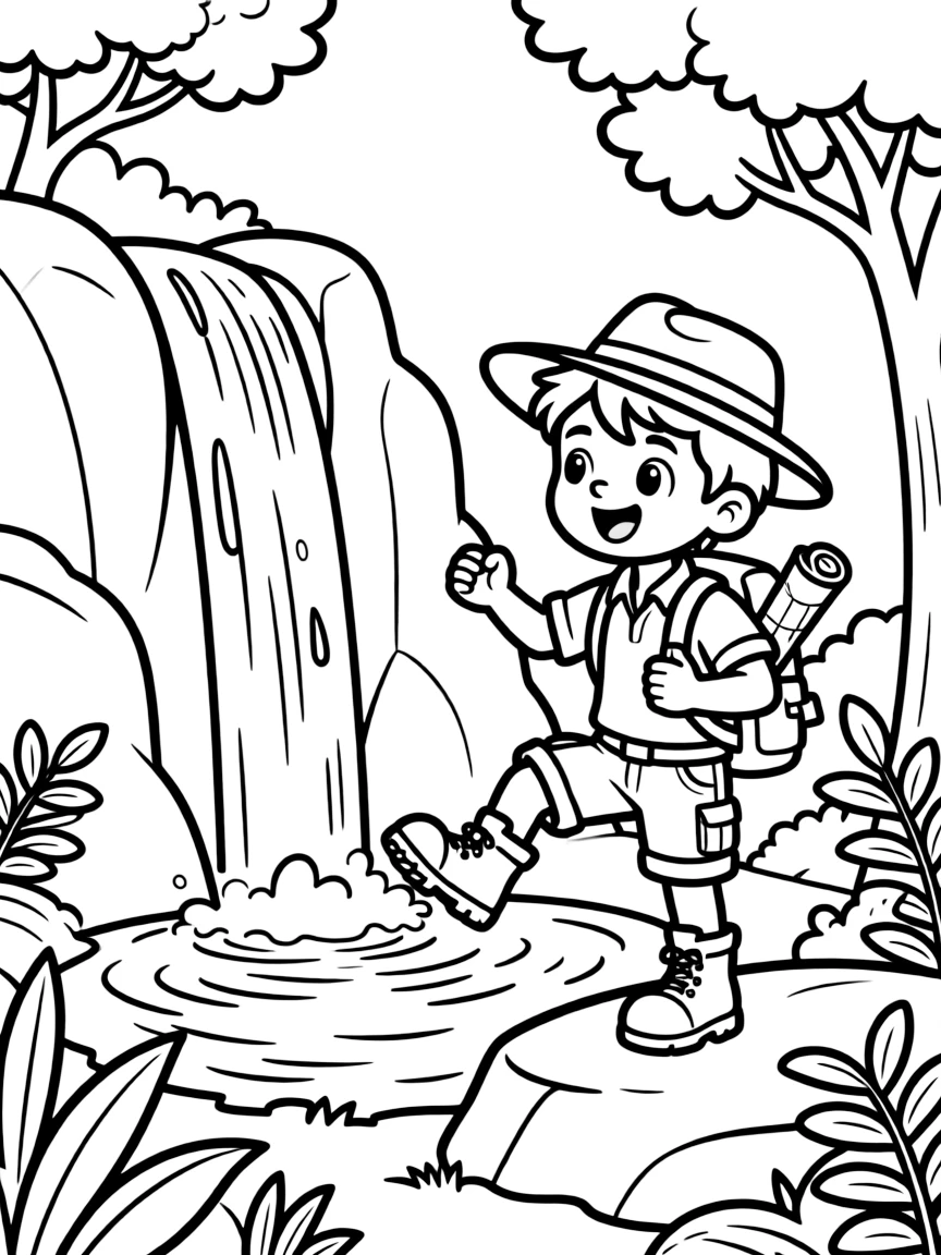 Cute cartoon explorer finding a secret waterfall coloring book page