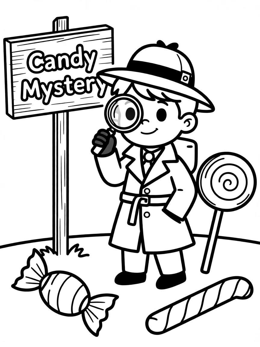 Cute cartoon detective solving a candy mystery coloring book page