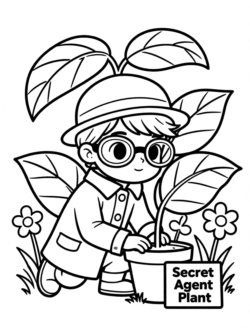 Cute cartoon secret agent disguised as a plant coloring book page