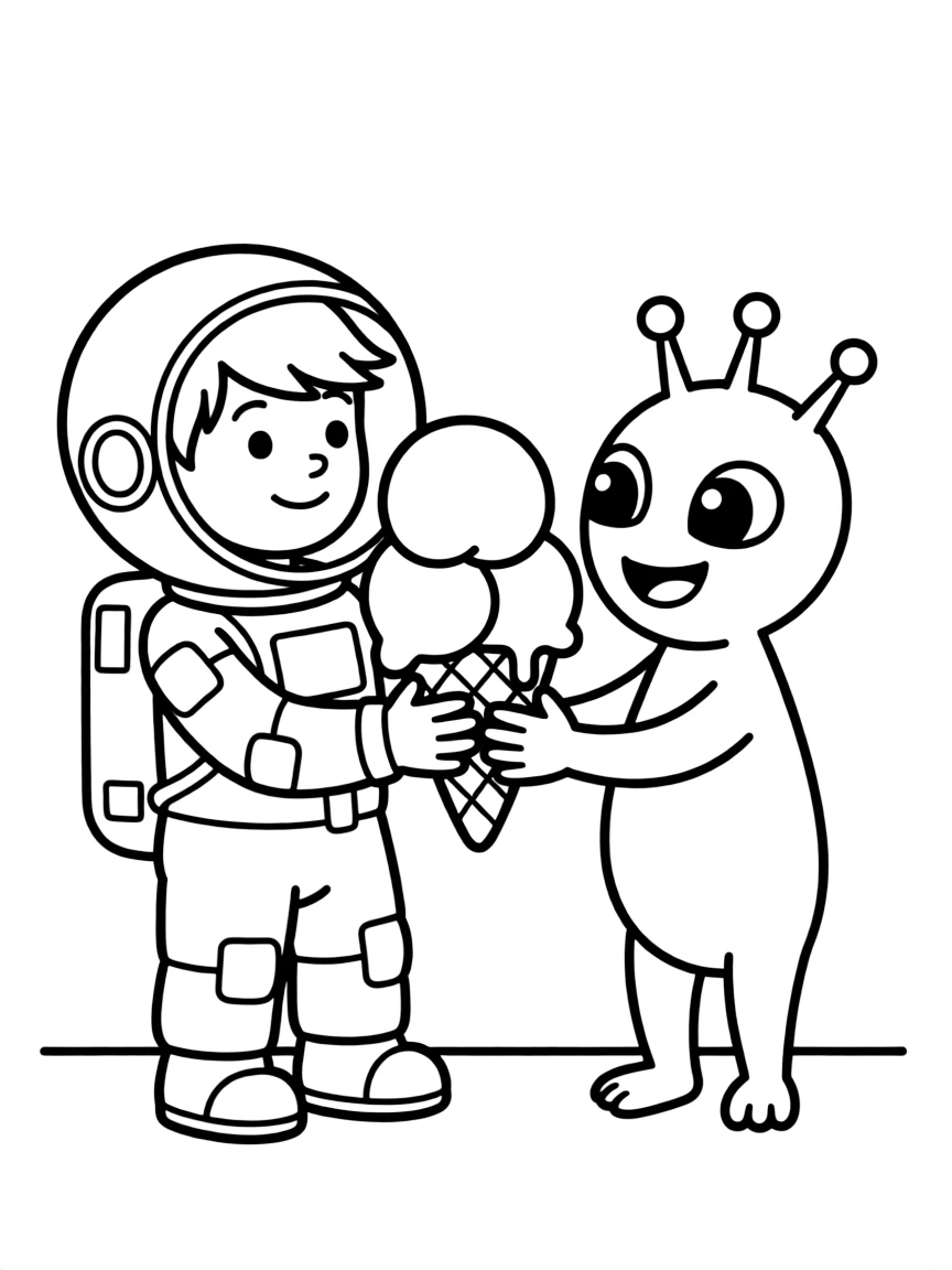 Cute cartoon astronaut sharing ice cream with an alien coloring book page