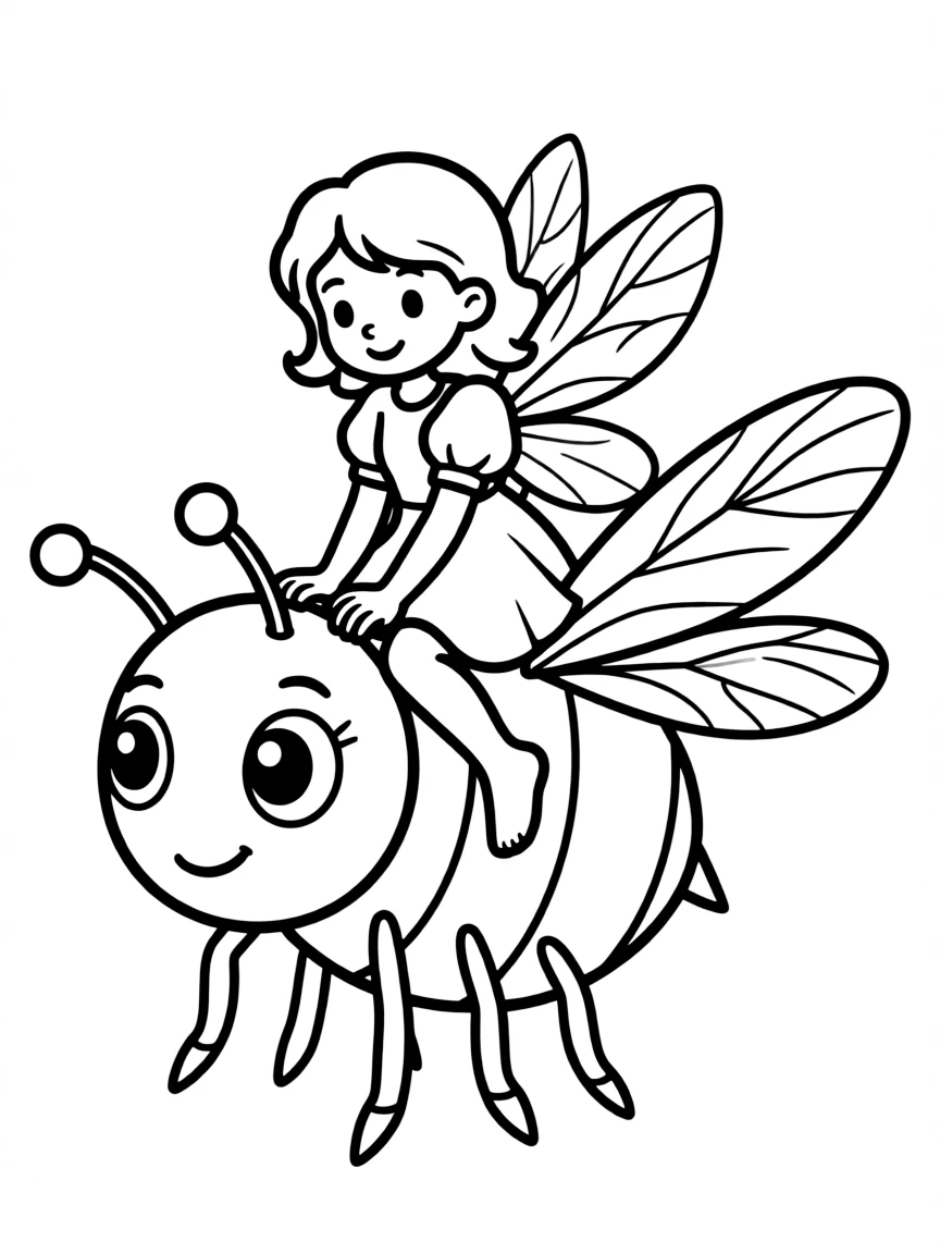 Cute cartoon fairy riding a bumblebee coloring book page