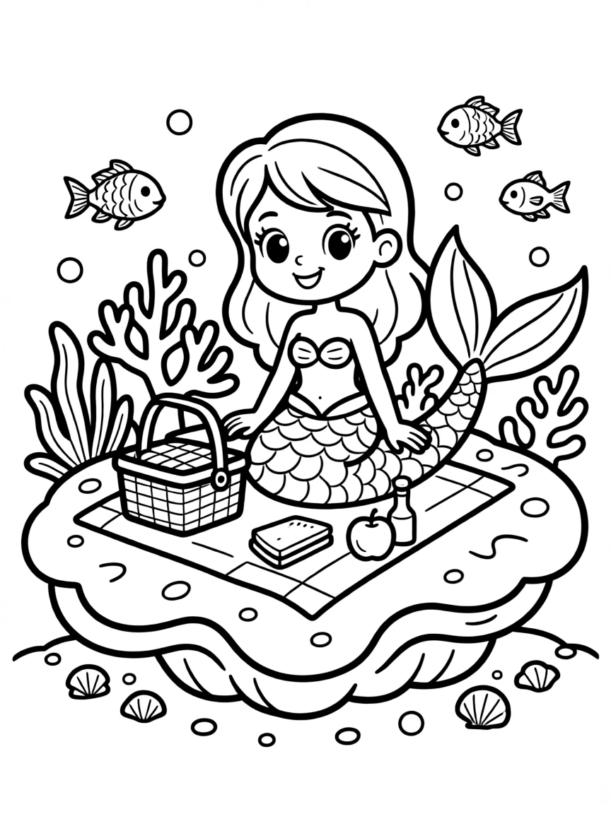 Cute cartoon mermaid having a picnic on a coral reef coloring book page