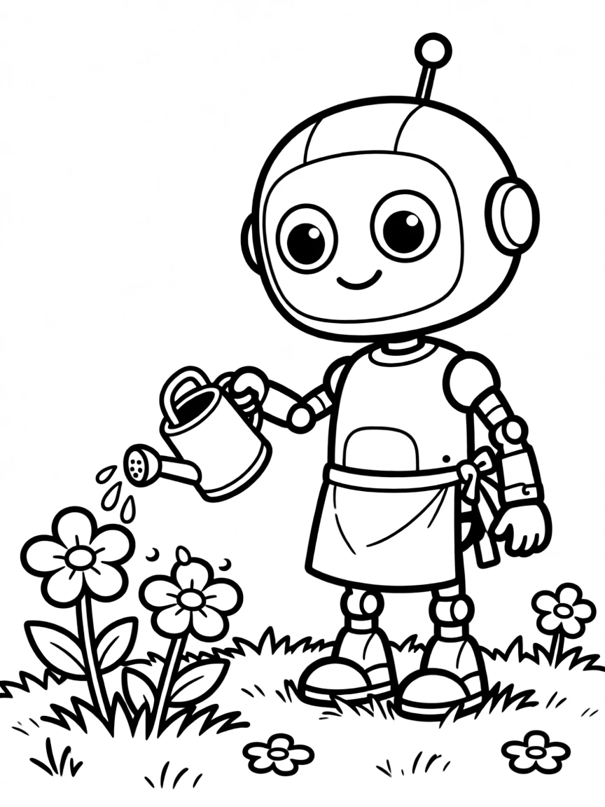 Cute cartoon robot watering flowers coloring book page