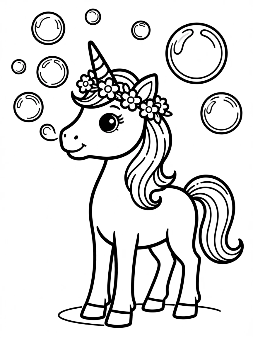 Cute cartoon unicorn blowing bubbles coloring book page